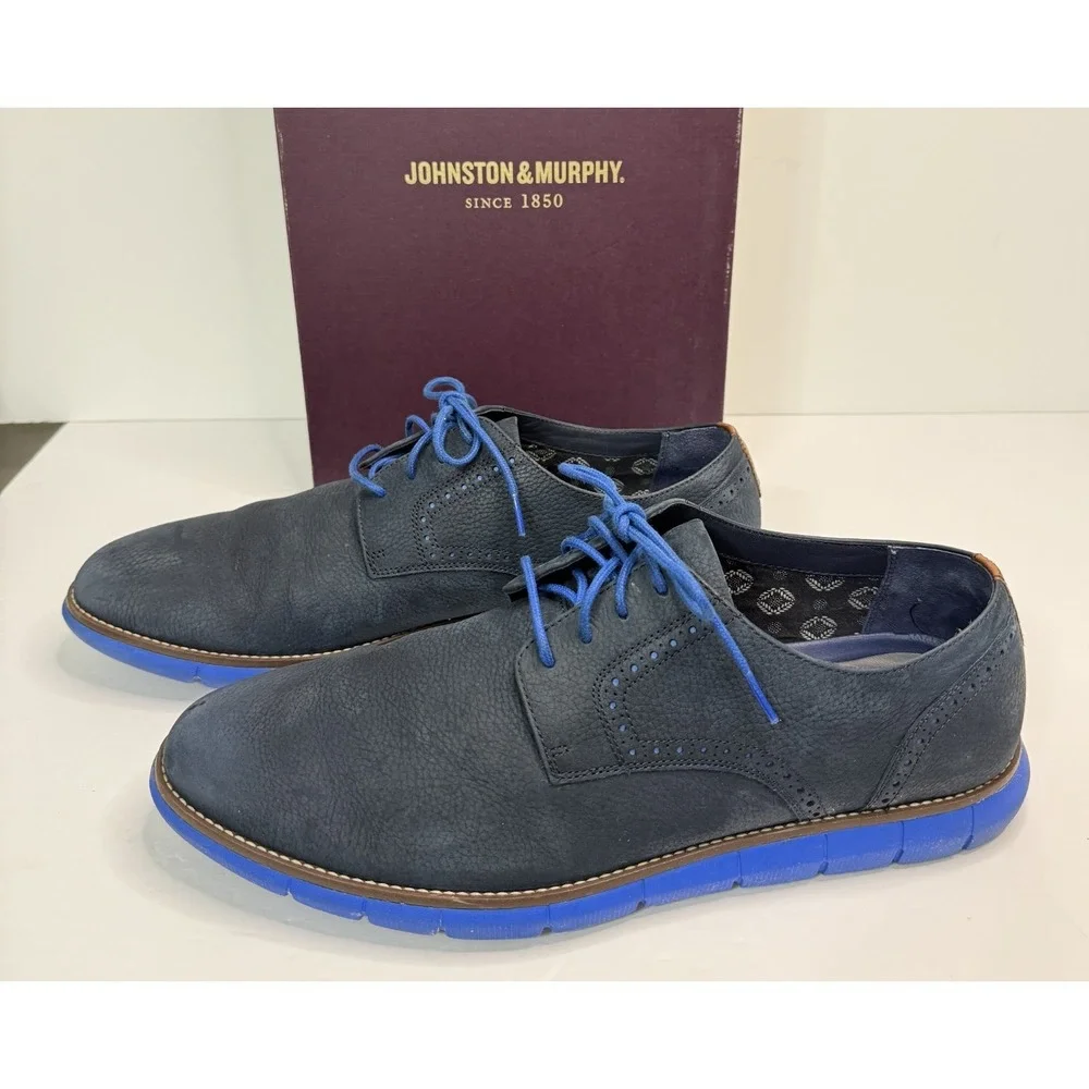Johnston & Murphy EATON Plain Toe Men Shoes 13M Navy Blue Nubuck Leather 59-3849
